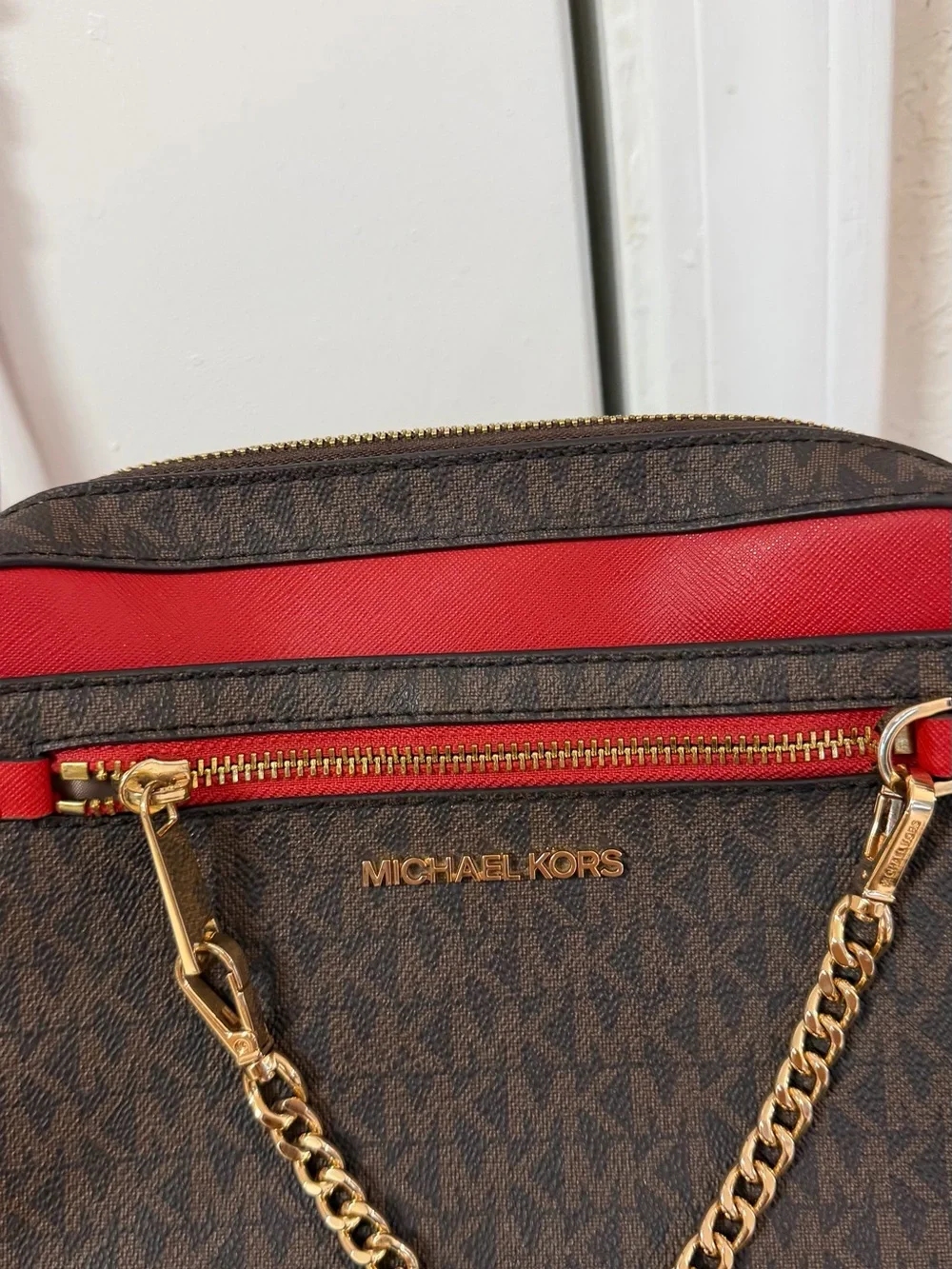 Michael Kors Brown and Red Chain-Accent Shoulder Bag one strap needs sewn pix